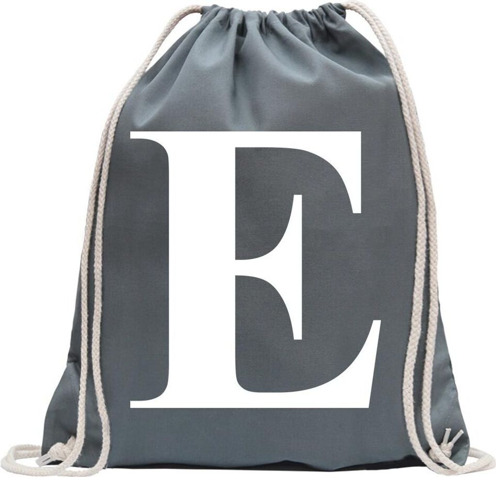Kiwistar - Turnbeutel - stahlgrau - Buchstabe E - Alphabet - Fun Rucksack Sport Beutel Gymsack Baumwolle mit Ziehgurt