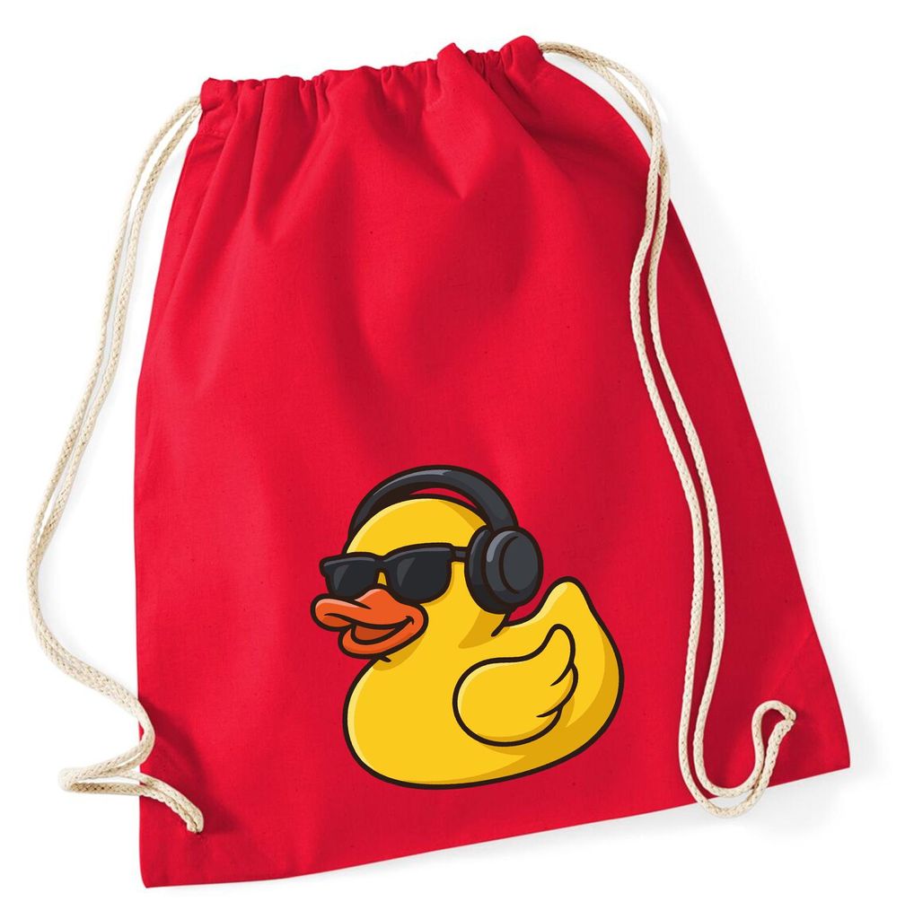 Huuraa Turnbeutel Quietscheente DJ Gummiente Club-DJ 12 Liter Classic Red Baumwolle Rucksack Geschenkidee