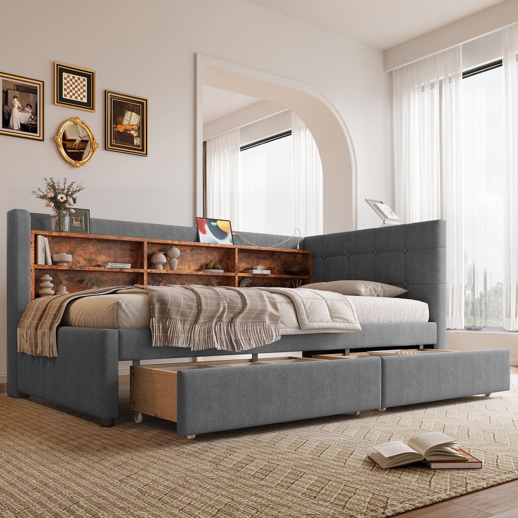 Sweiko Daybett, 90x200cm, Tagesbett, Schlafsofa, mit 2 Schubladen, USB + Typ C, mehreren Ablagefächern, Bett mit Lattenrost (ohne Matratze), Leine...