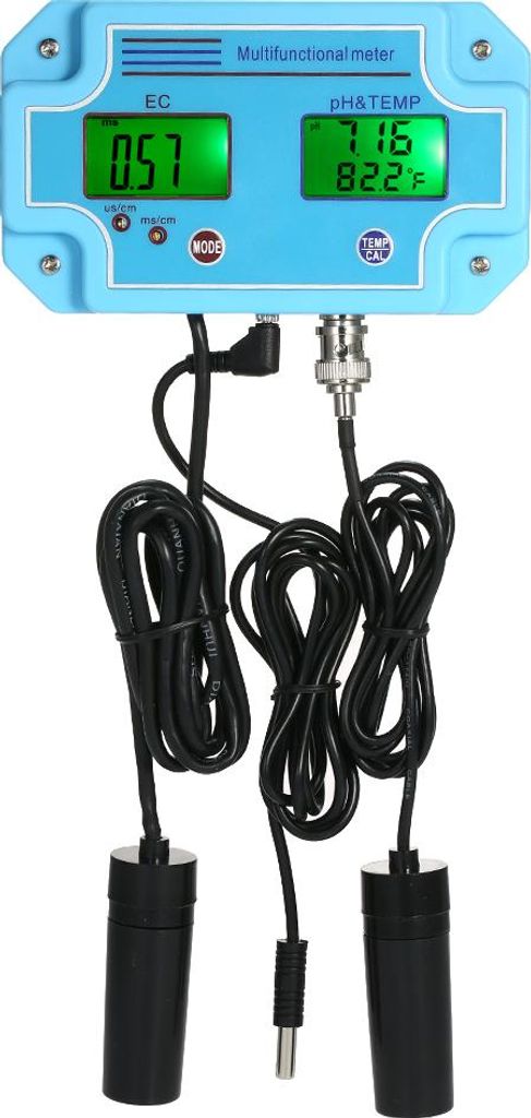 A digital multi-parameter water quality meter with two probes.