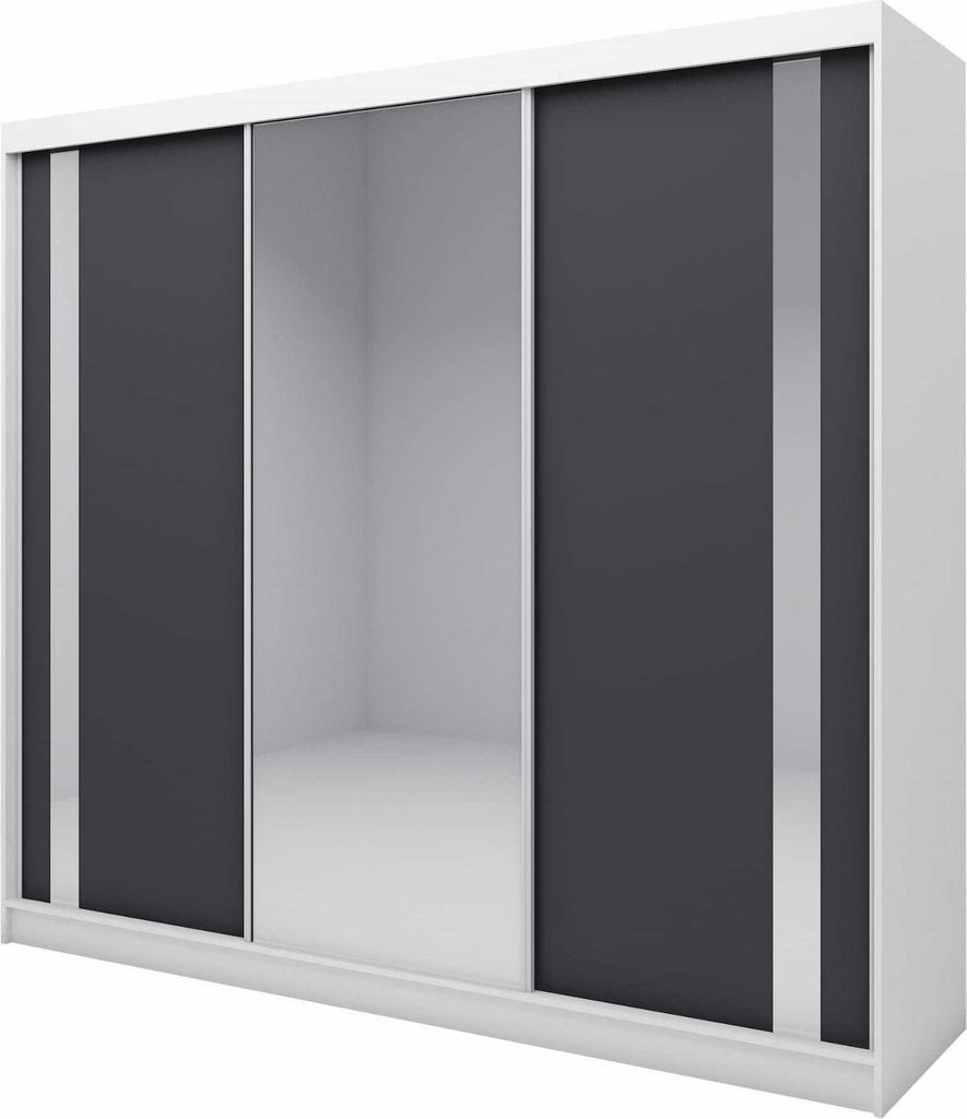 AGMAT Schwebetürenschrank Anzio, Kleiderschrank mit 3 Türen, Moderne Garderobe in Farbe: Weiß / Schwarz, Schrank in Größe: 240 x 216 x 61 cm
