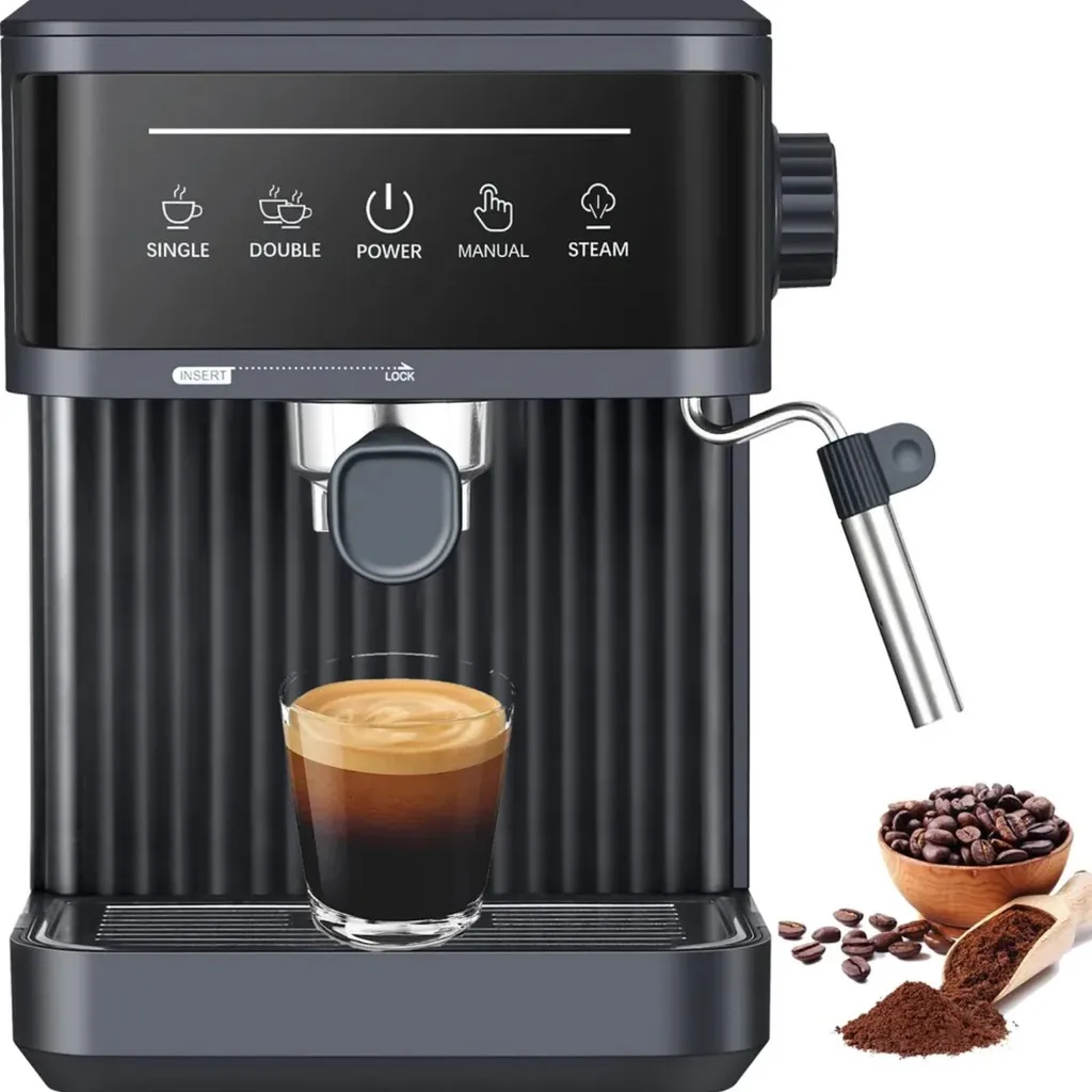 AIORBER Siebträgermaschine mit 20 Bar Druck, Milchaufschäumer, Temperaturregelung, für Espresso und Cappuccino, Schwarz