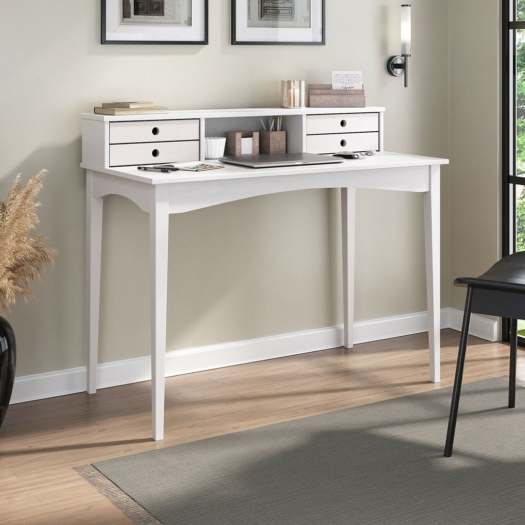 Schreibtisch MILANO mit 4 Schubladen und 1 Fach weiß aus Massivholz, robuste Verarbeitung PC-Tisch mit Stauraum für Büro und Home-Office