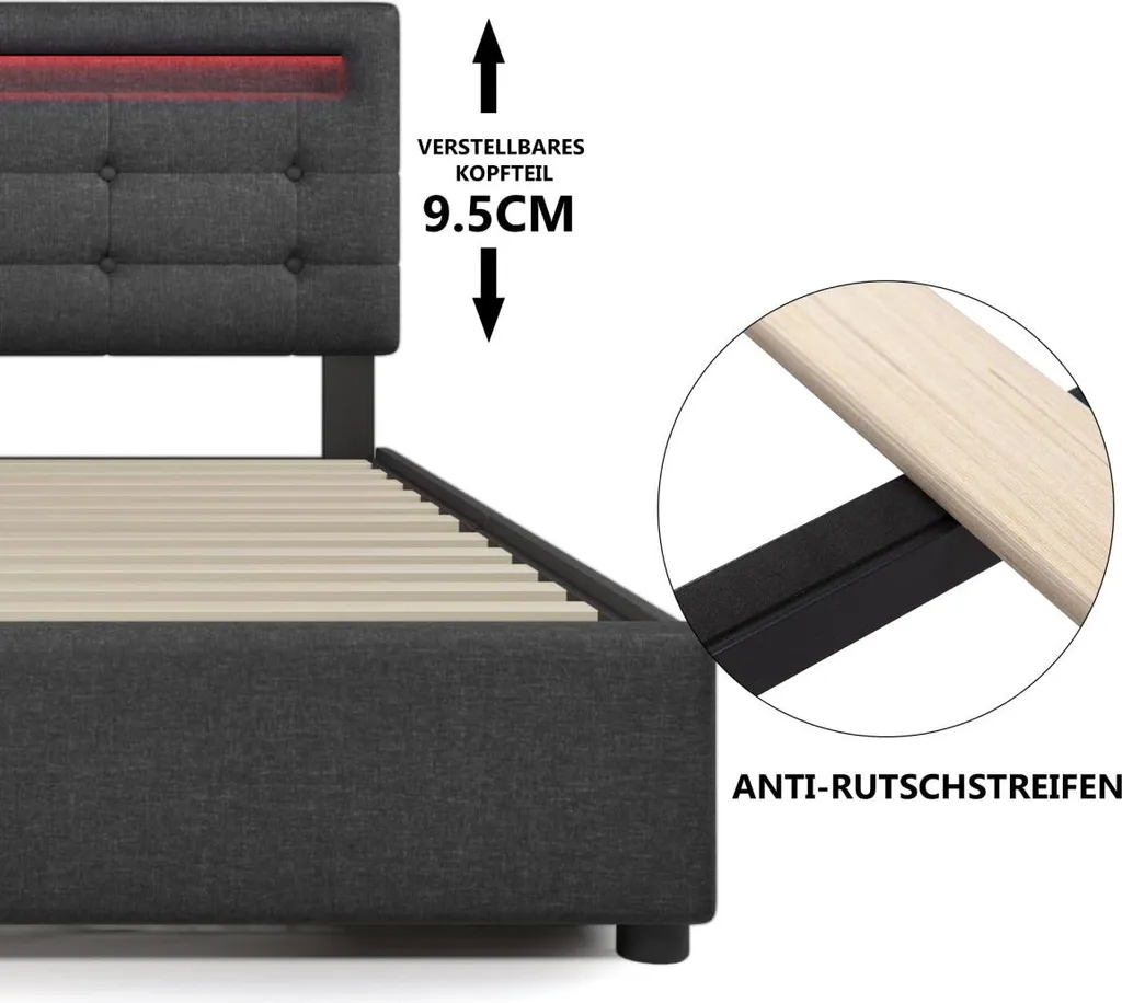 Lit LED Gris 90x200cm avec Tête de Lit Réglable et Tiroirs de Stockage
