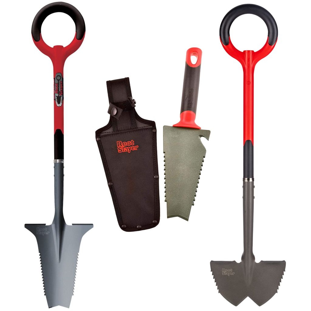 Root Slayer Set Wurzelspaten + Blumenkelle + Rasenkantenstecher, ergonomisch & robust, Spaten & Schaufel mit Schneidspitze & Wurzelsäge, rot