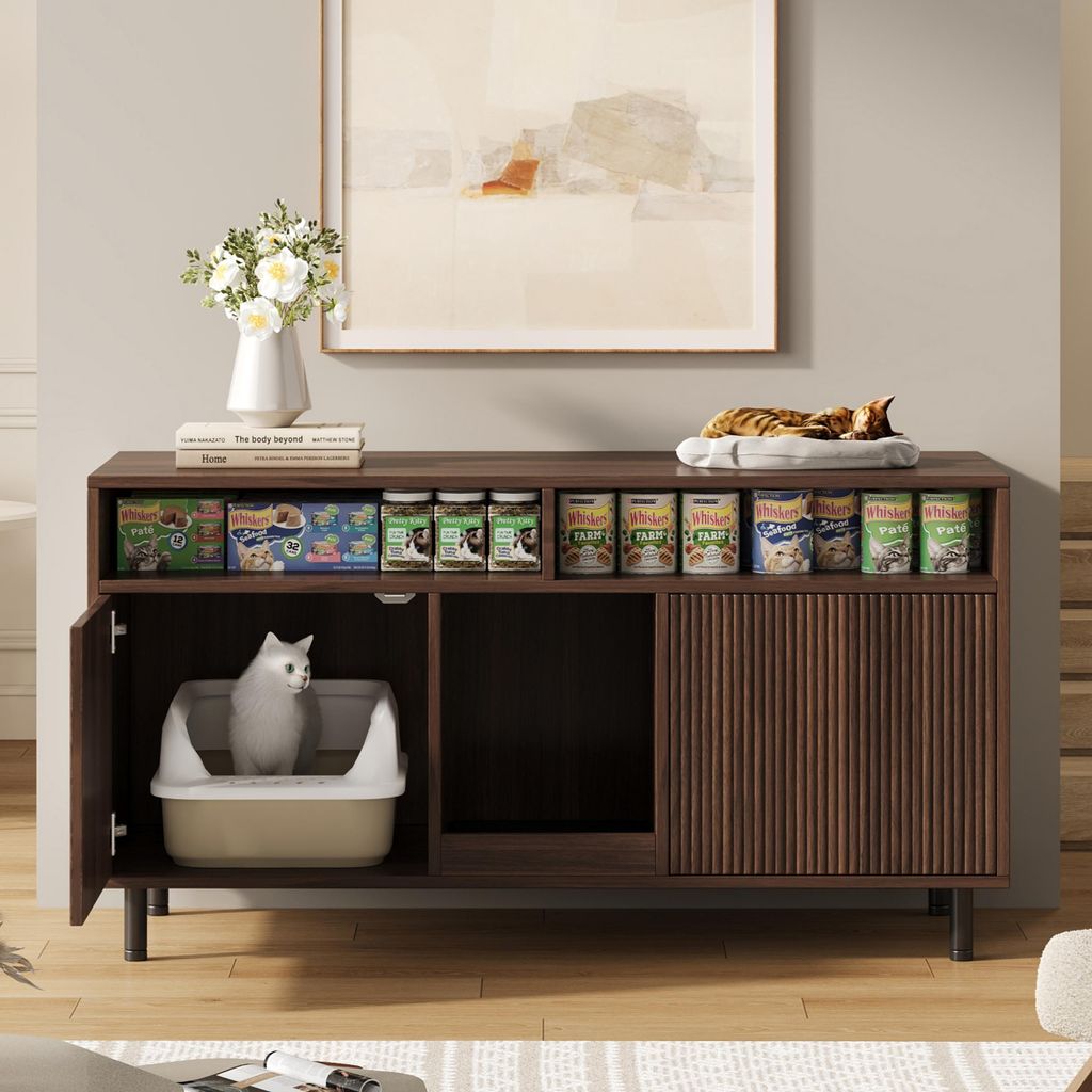 Sweiko Katzentoiletten-Schrank/Katzenstreuwanne-Schrank mit Sandauffangmatte, Haustier-Schrank mit Ablage, Haustier-Sideboard/TV-Schrank, ohne Katz...