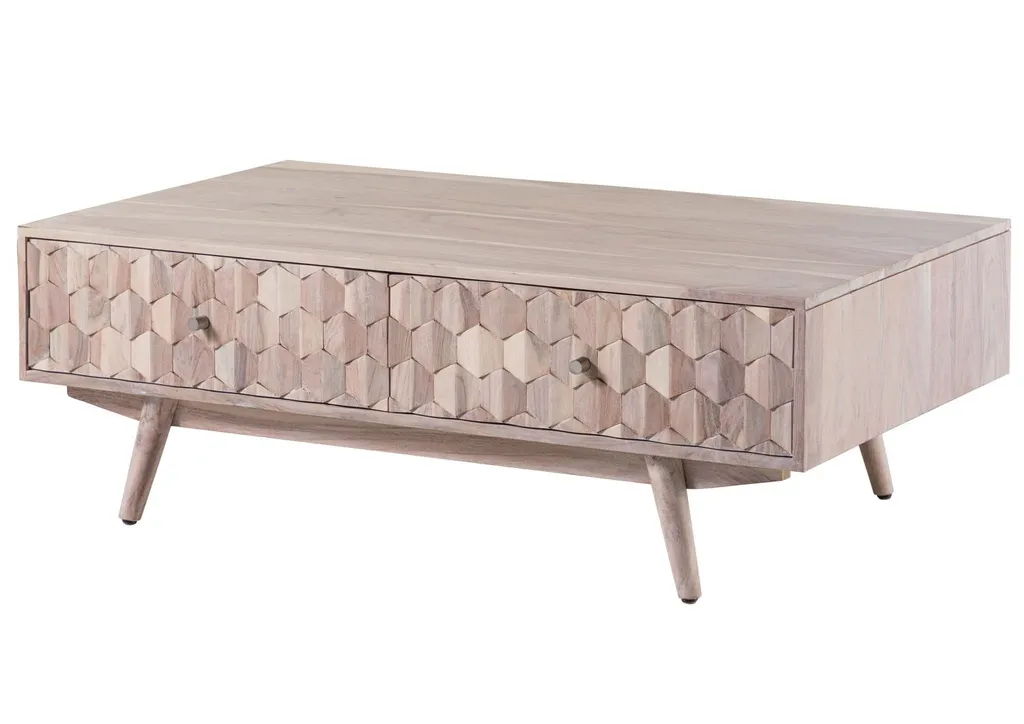 Table basse rectangulaire bois blanc avec gravures MOSAYK 120x70 cm