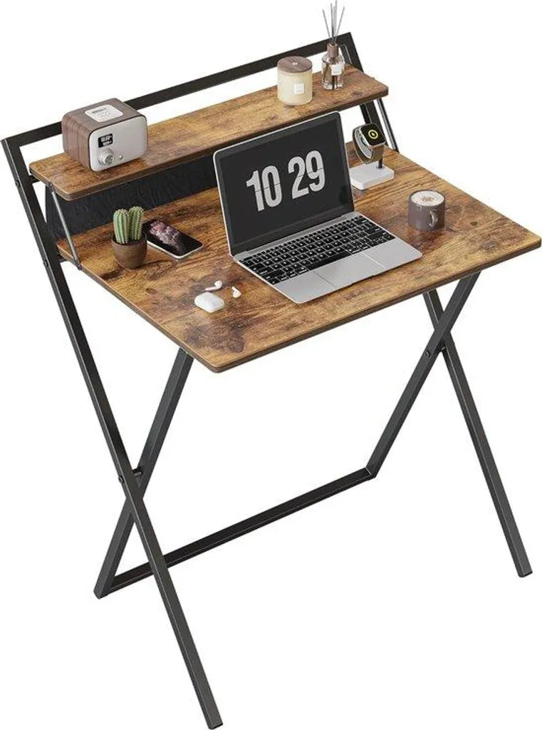 Petite table de bureau pliable marron 60cm avec étagère de rangement