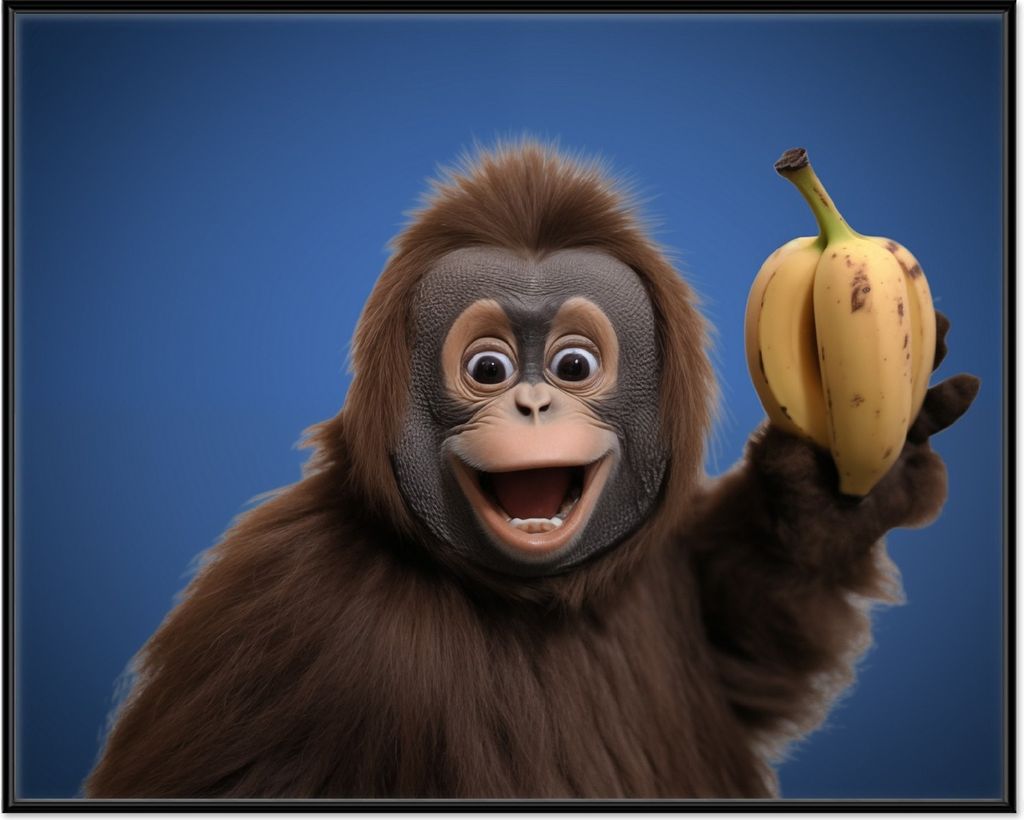 Wallario Wandbild Lustiger Affe mit Bananen, Größe: 40,30 x 50,30 cm, Poster mit schwarzem Aluminiumrahmen