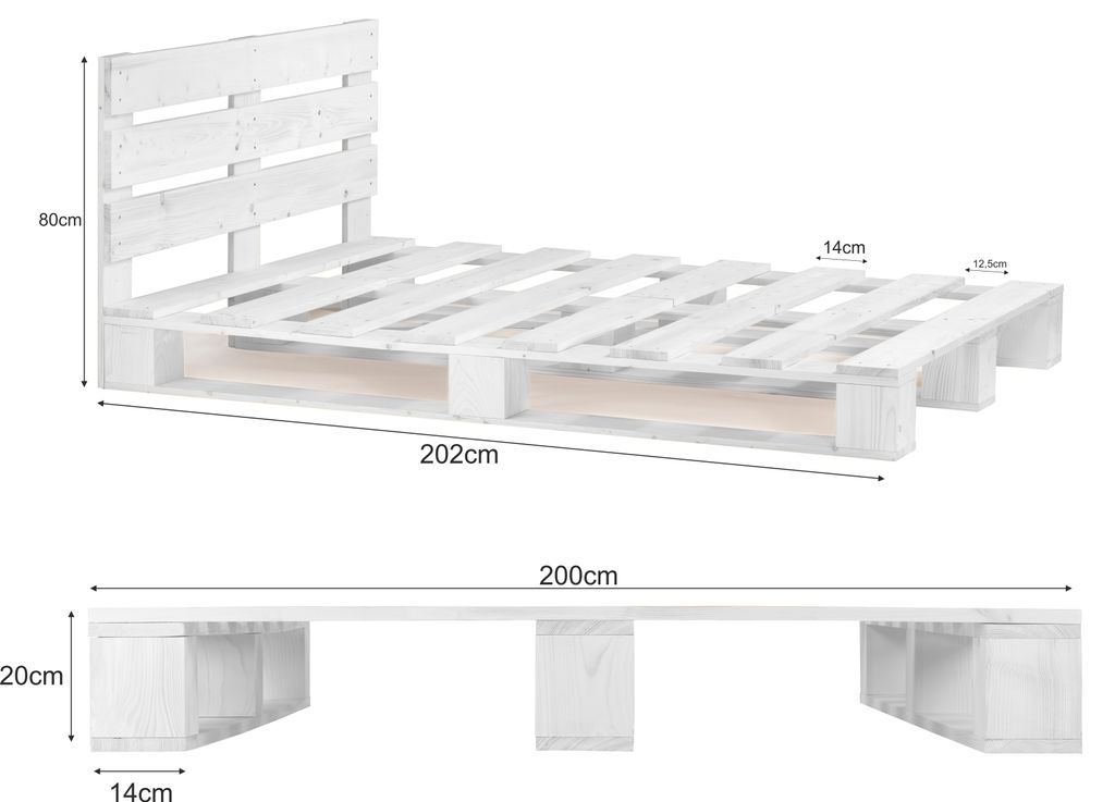 sunnypillow 200x200 cm Palettenbett mit Kopfteil Weiß Massivholzbett Bett aus Paletten Palettenmöbel Fichte europalette Weiss 80 90 100 120 140 1...