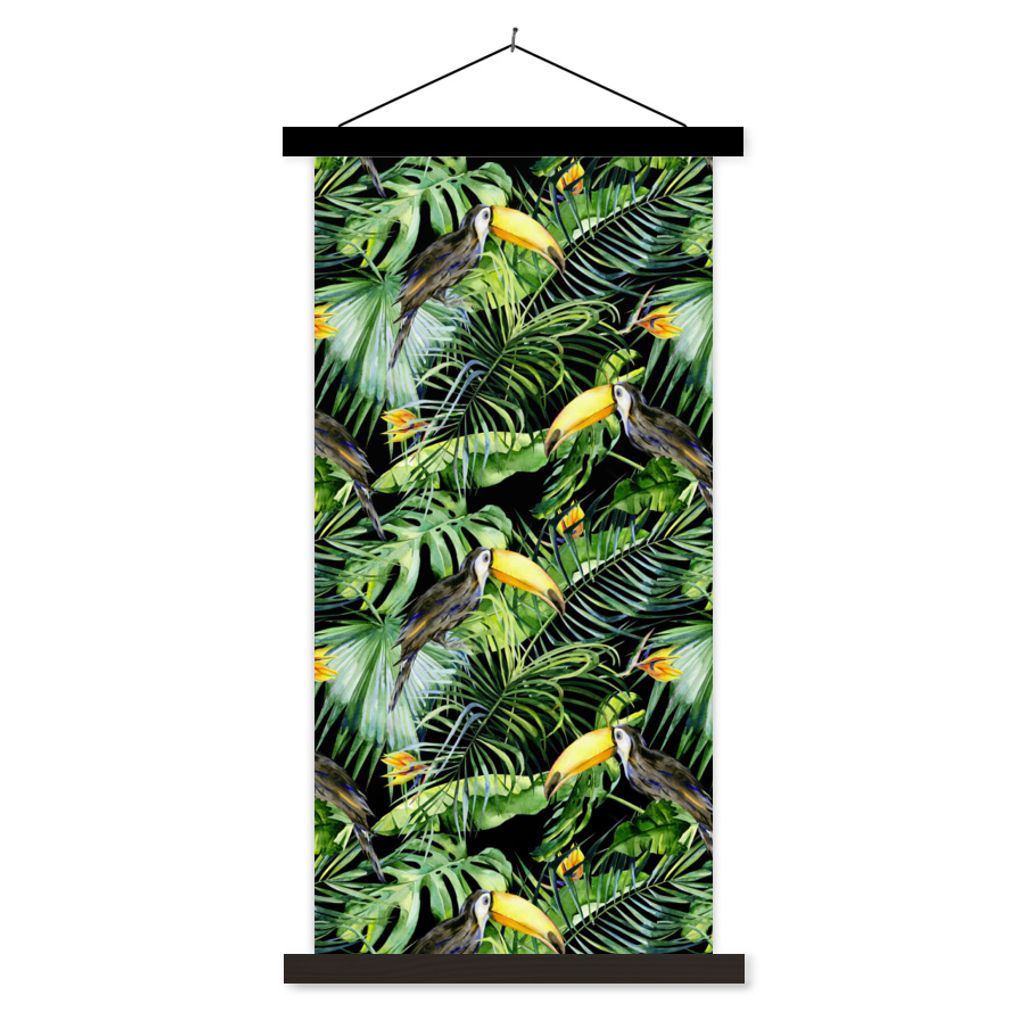 MuchoWow Textilposter Tukan - Muster - Pflanzen 90x180 cm mit schwarzem Rahmen - Dekoration Wohnzimmer