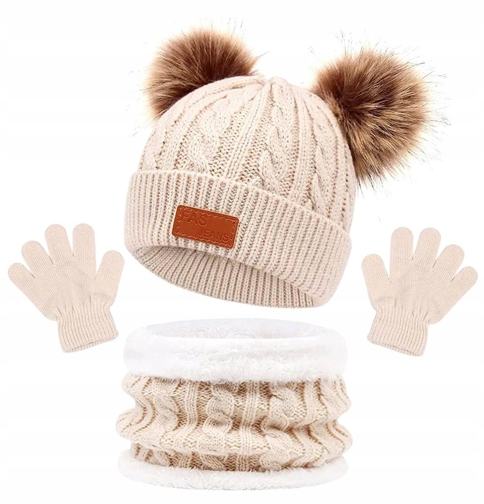 Kinderset - Mütze Bommeln - Schornstein Handschuhe - Warmes, flexibles Set für stilvolle Kinder