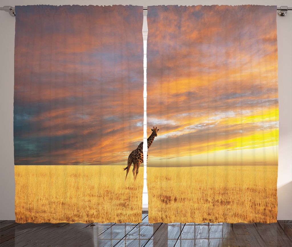 ABAKUHAUS Giraffe Rustikaler Vorhang, Tierwelt, Wohnzimmer Universalband Gardinen mit Schlaufen und Haken, 280 x 175 cm, Gelb und Pfirsich
