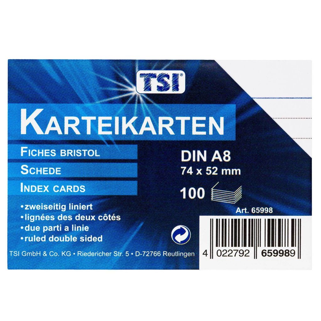 TSI Karteikarten A8 liniert, 100er Pg. Produktbild 