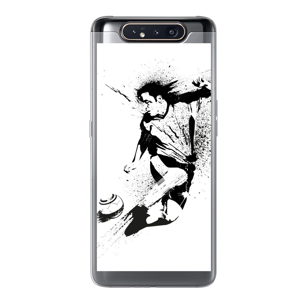 MuchoWow Handyhülle Schutzhülle Hülle für Samsung Galaxy A80 Eine Illustration einer Person, die einen Fußball in Richtung Tor schießt - Ju...