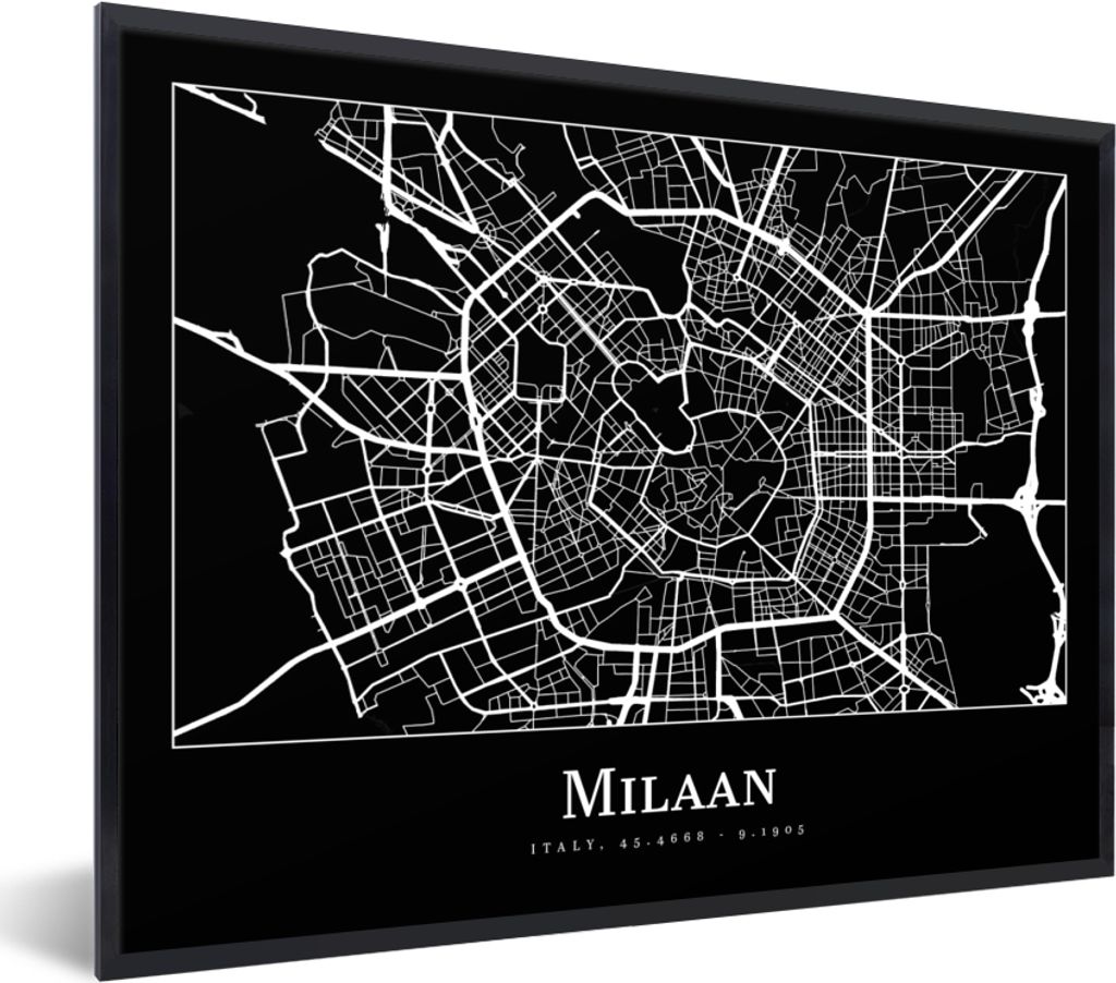 MuchoWow Gerahmtes Poster Mailand - Karte - Stadtplan 80x60 cm - Poster mit Schwarzem Bilderrahmen Wandposter Rahmen Foto Bilder - Schwarzem - Mi...