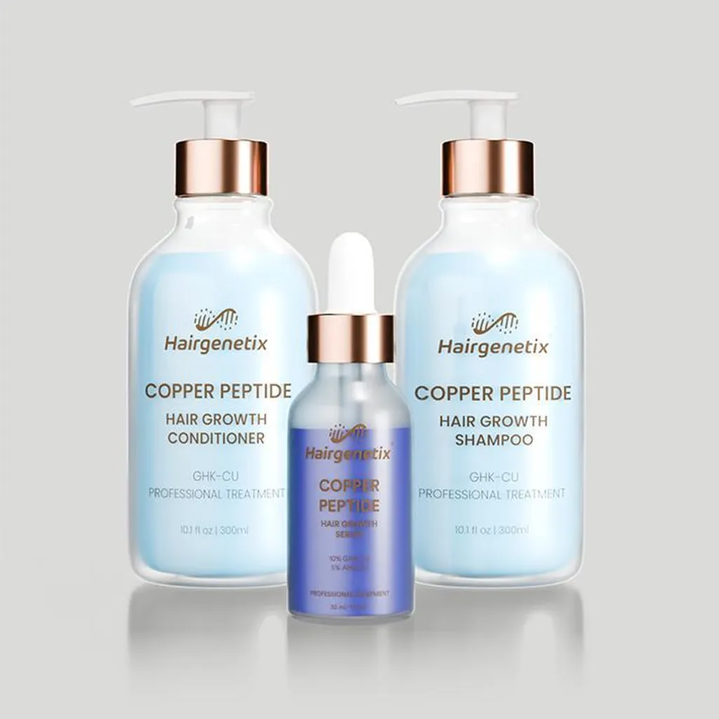 ghk cu cheveux Kit Repousse Peptide de Cuivre GHK-Cu Fortifiant sans Sulfates 3-en-1 which enhances the appearance of hair density and volume for men and women. GHK-Cu Cheveux : Sérum Peptide