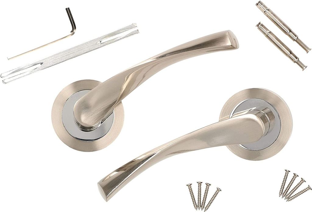 A set of door handles and installation hardware on a white background.