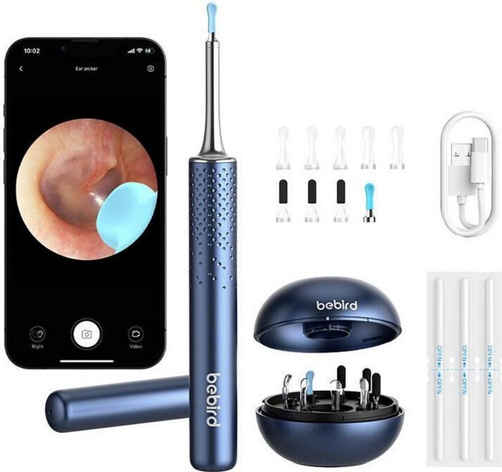 A product shot of an ear cleaning kit with a smartphone displaying an ear canal.