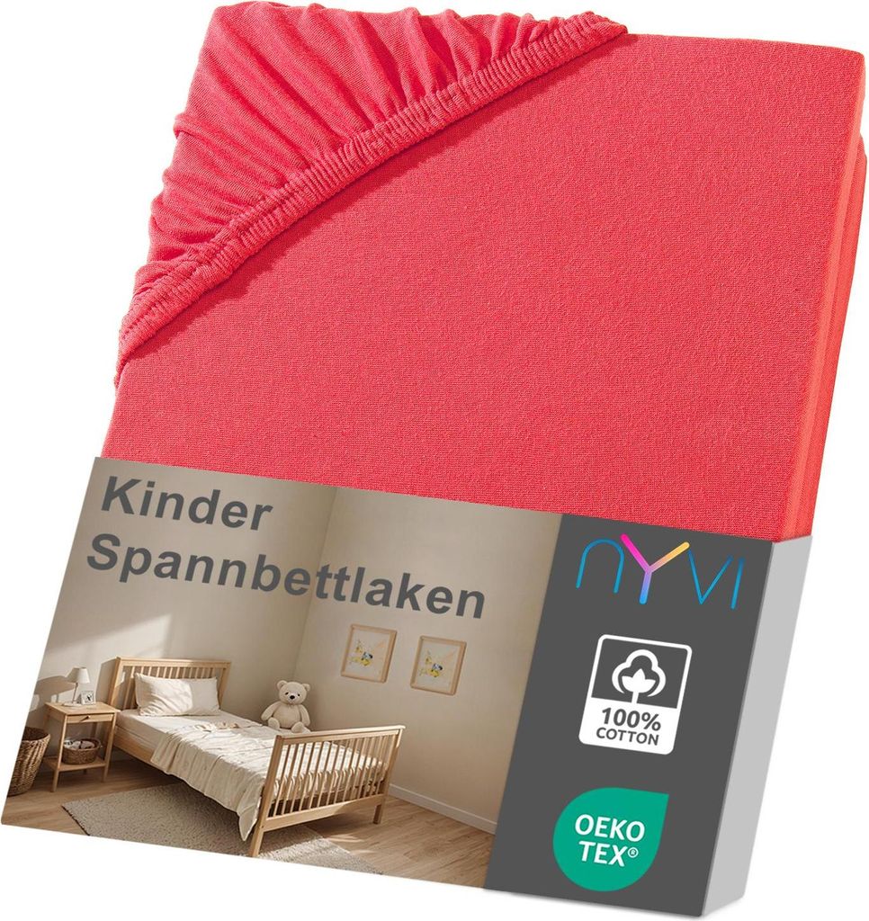 NYVI Kinder Spannbettlaken Junior 70x140 cm rot für Kinderbettmatratzen bis 12cm Höhe - Weich & Anschmiegsam, Rundumgummizug, Bügelfrei