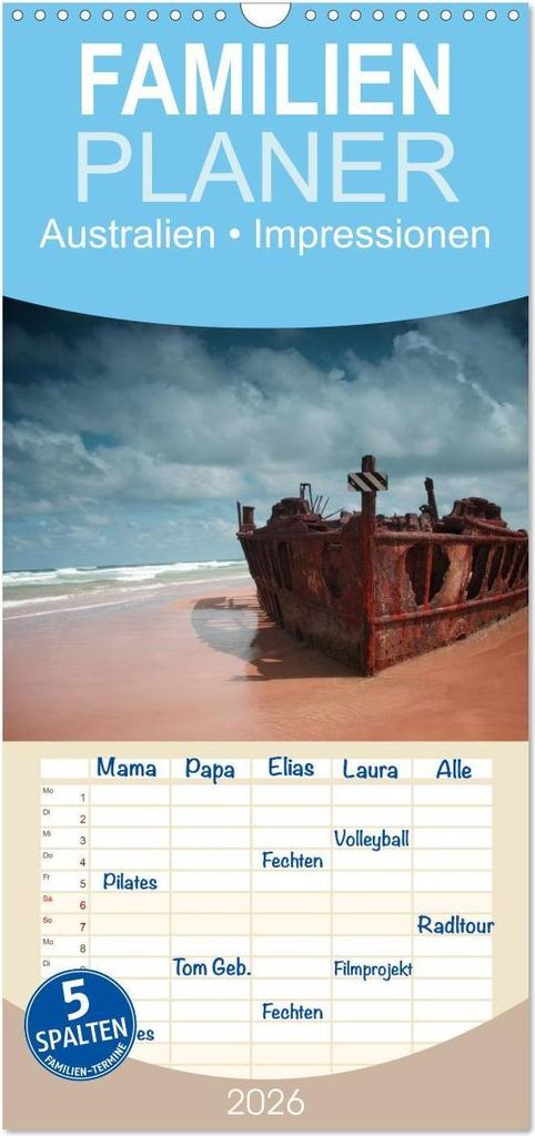 Familienplaner 2026 - Australien ¿ Impressionen mit 5 Spalten (Wandkalender, 21 x 45 cm) CALVENDO