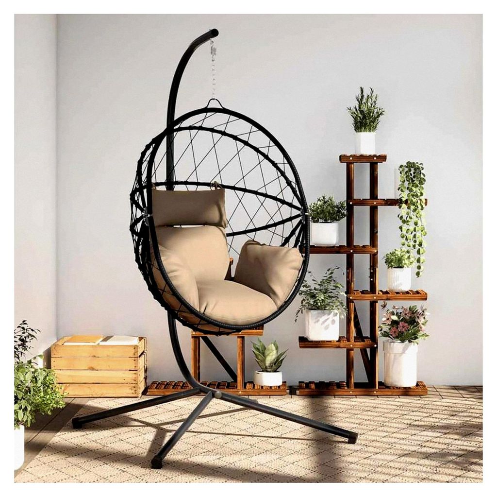 Hängesessel im Ei-Design mit Ständer in Taupe aus Rattan und Stahl, Hängeschaukel für Innen- und Außenbereich