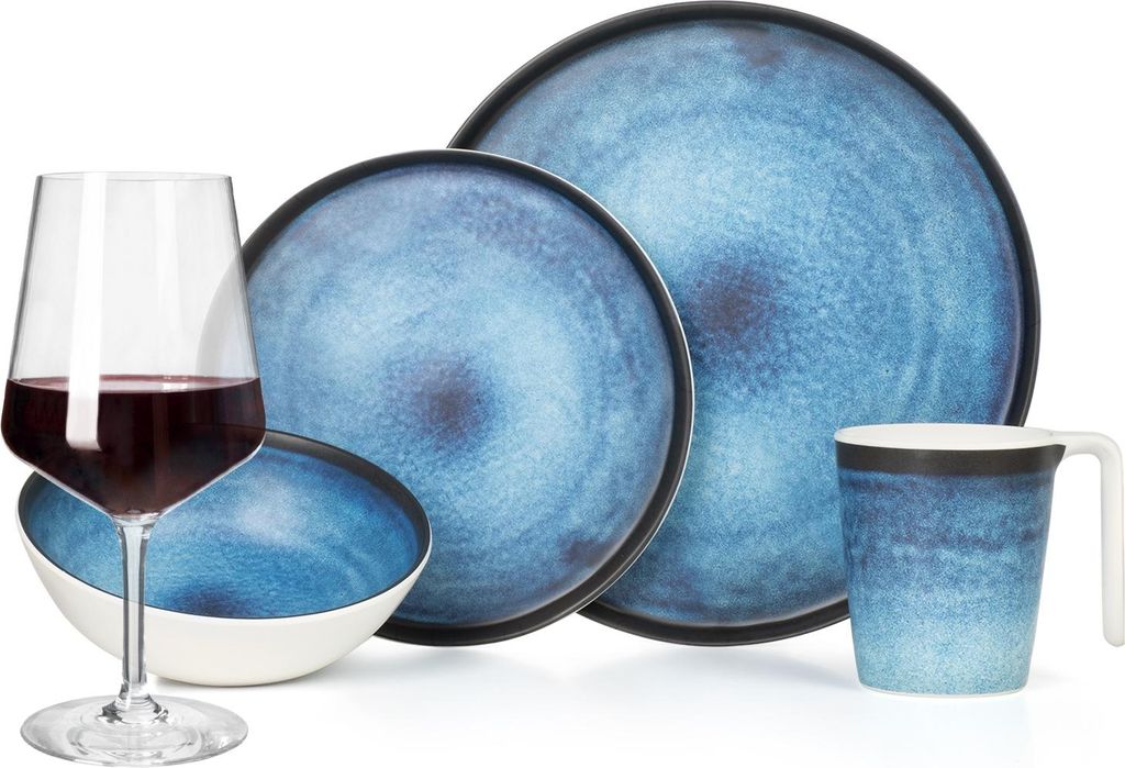 Melamin Camping Geschirr Set 4 Personen Deep Ocean + 4 Milano Rotwein Gläser Rot Weingläser Tafelgeschirr Picknick BBQ Kochgeschirr