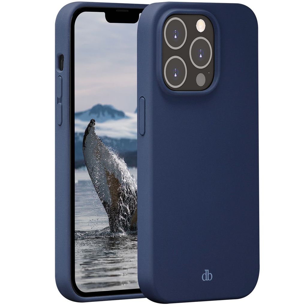 A blue iPhone 14 Pro case is shown from a diagonal angle, with the phone screen displaying a whale breaching.