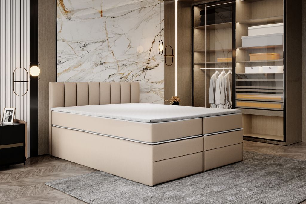 TRADA Miami Boxspringbett 120 x 200 mit Bettkasten mit Topper Visco Memory Beige