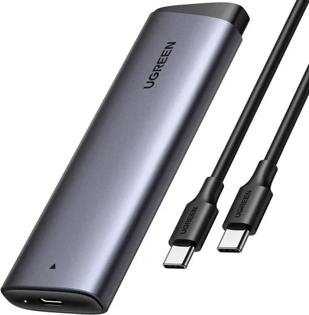A gray M.2 NVMe SSD enclosure with two black USB-C cables.