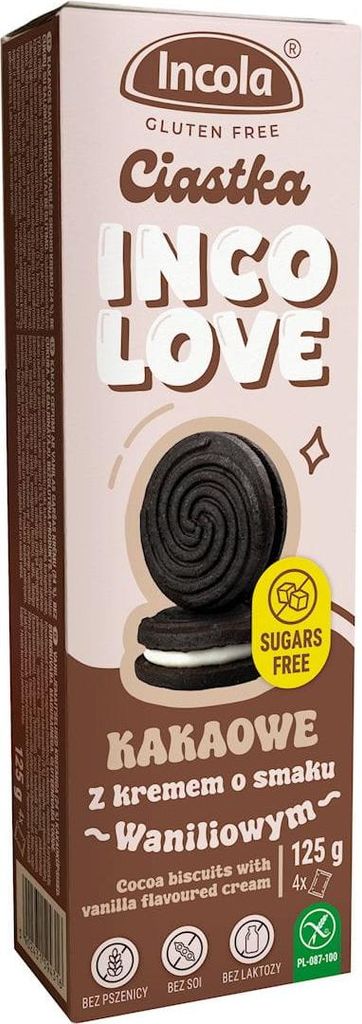 CIASTKA MARKIZY KAKAOWE Z KREMEM O SMAKU WANILIOWYM BEZ CUKRU BEZGLUTENOWE 125 g - INCOLA