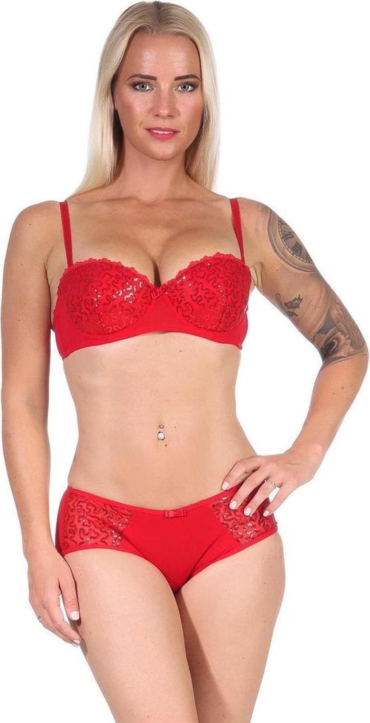 Push-up-BH pailletten mit Panty Set, Rot 80 Cup C