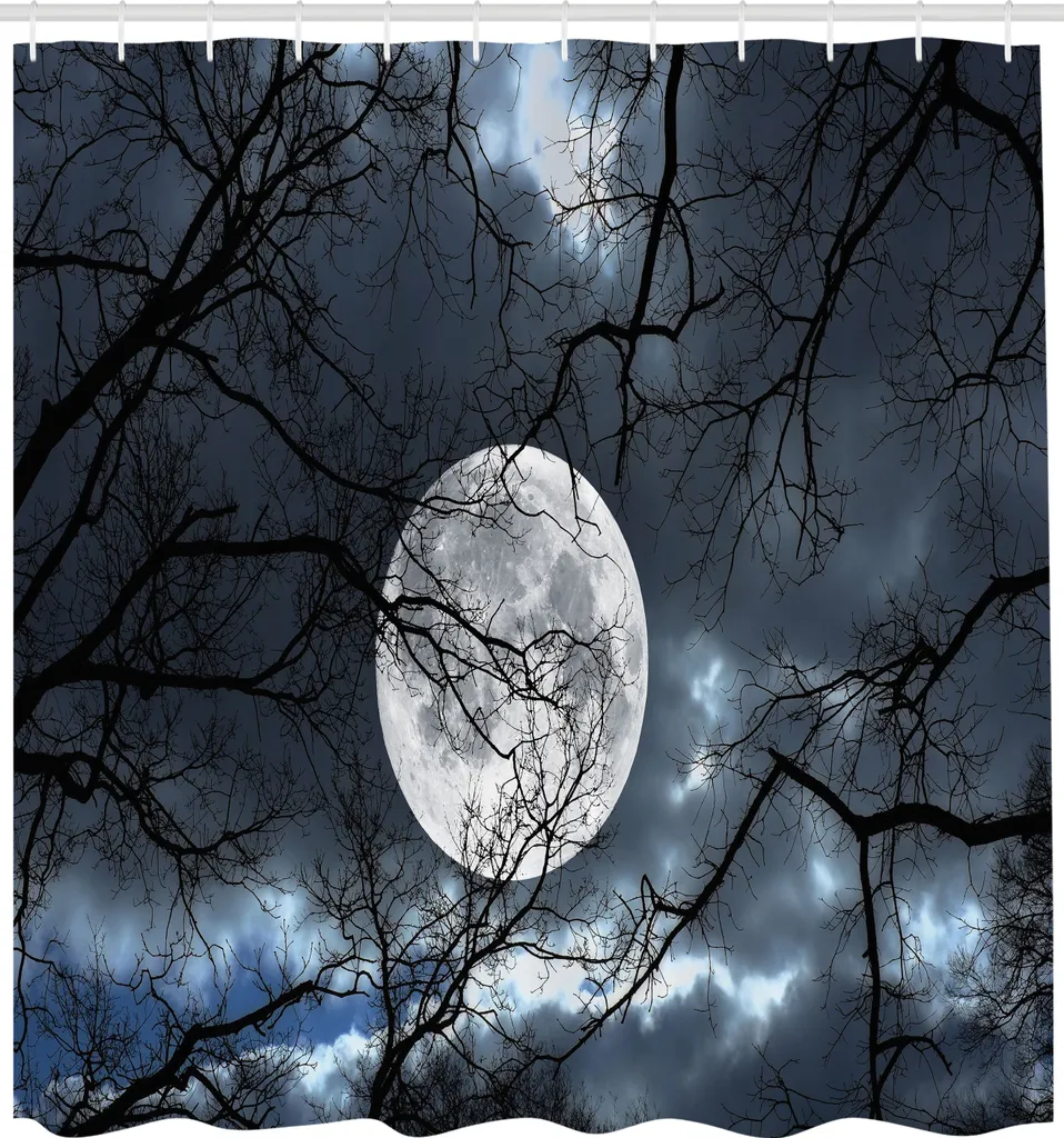 Rideau de douche extra long 240 cm, motif forêt d'hiver pleine lune nuit