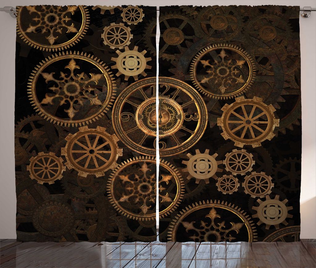 ABAKUHAUS Steampunk Rustikaler Gardine, Räder Dunkle Schatten, Schlafzimmer Kräuselband Vorhang mit Schlaufen und Haken, 280 x 175 cm, Dark Brown...