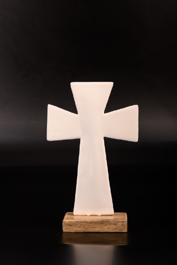 Stehkreuz aus Metall mit Holzbasis, Höhe 20 cm
