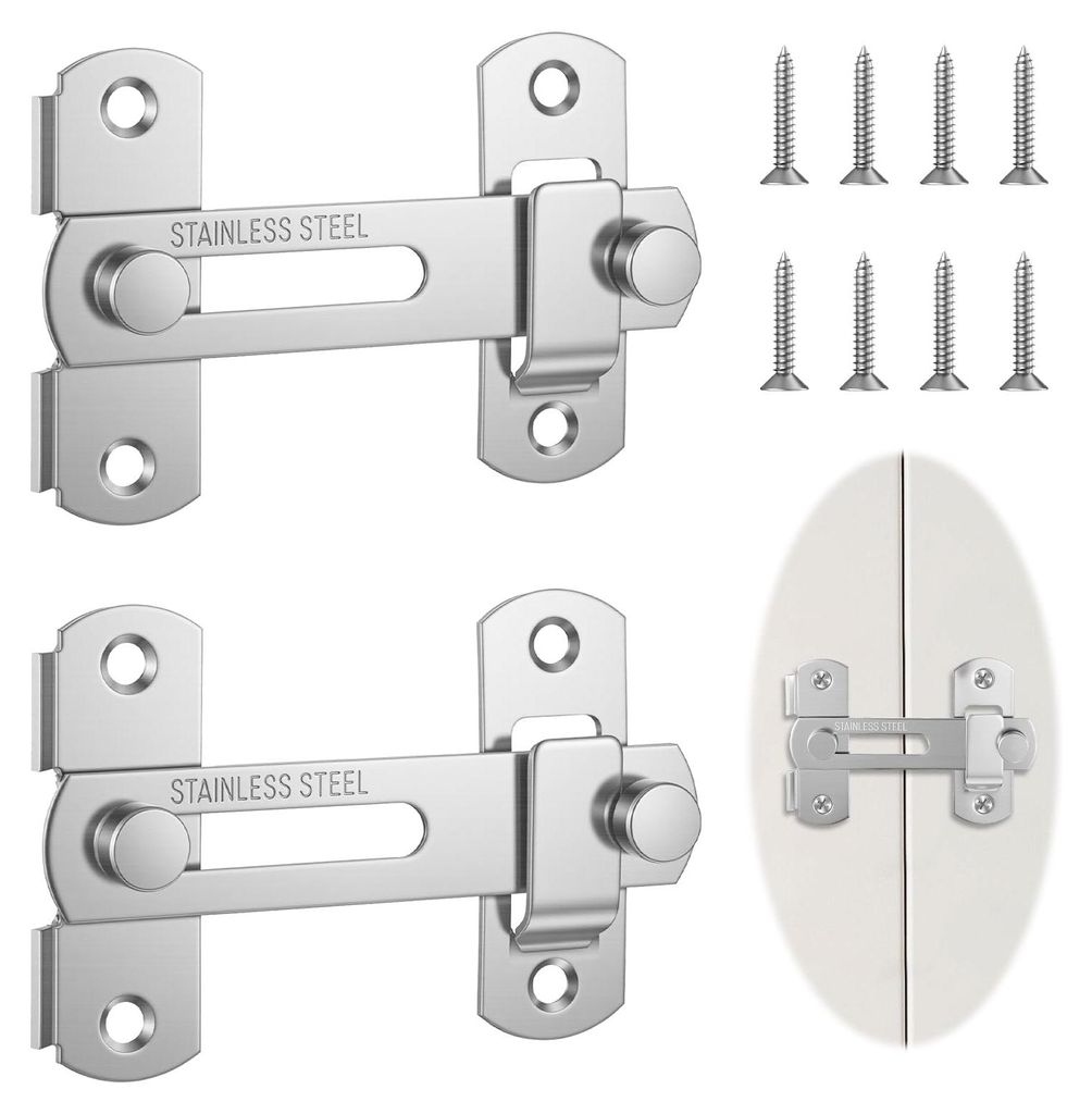 2 Türschlösser aus Edelstahl, Riegelschlösser mit Befestigungsschrauben, Schiebetürschloss, Bolzen für Schlafzimmer, Badezimmer, Fenster, Tür...
