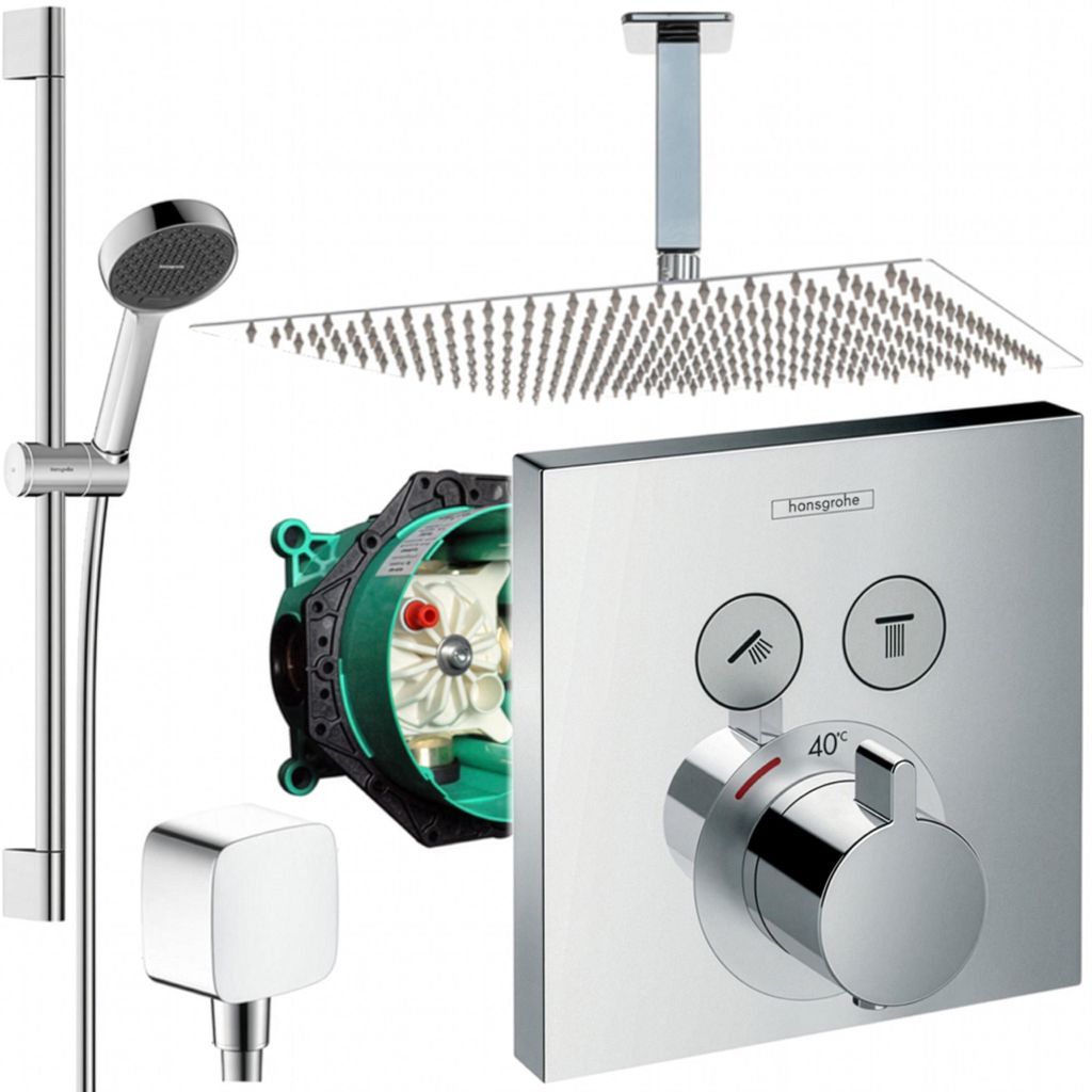 Hansgrohe und Jowi Unterputz Duschsystem ShowerSelect Thermostat Duscharmatur, mit 650mm Brausestange, 360mm Regendusche, Deckenanschluss