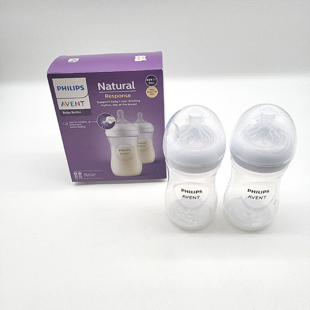 A box of Philips Avent baby bottles and two individual bottles are displayed on a white background.