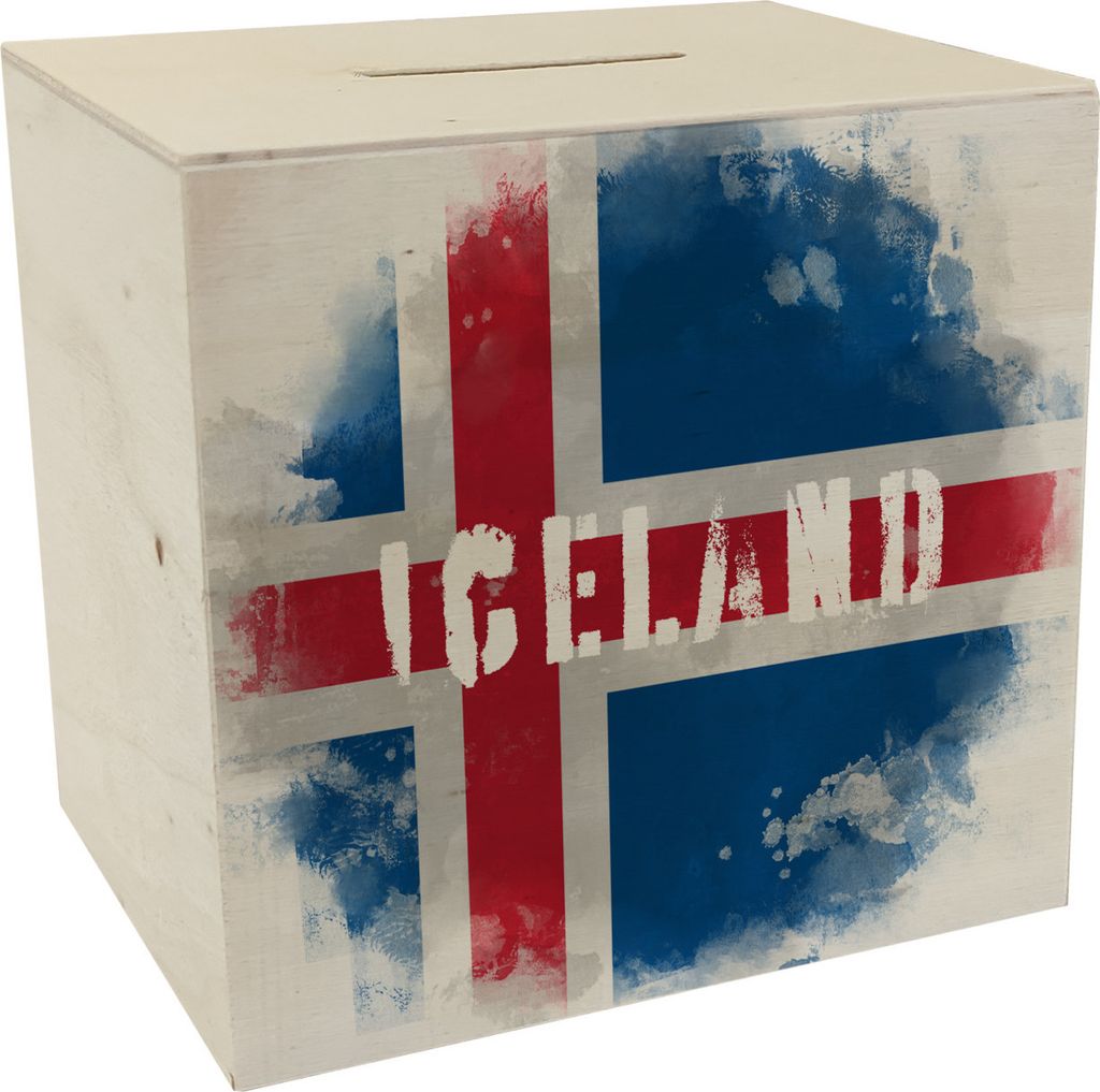Spardose aus Holz mit Island-Flagge im Used Look - Sparschwein für Urlauber