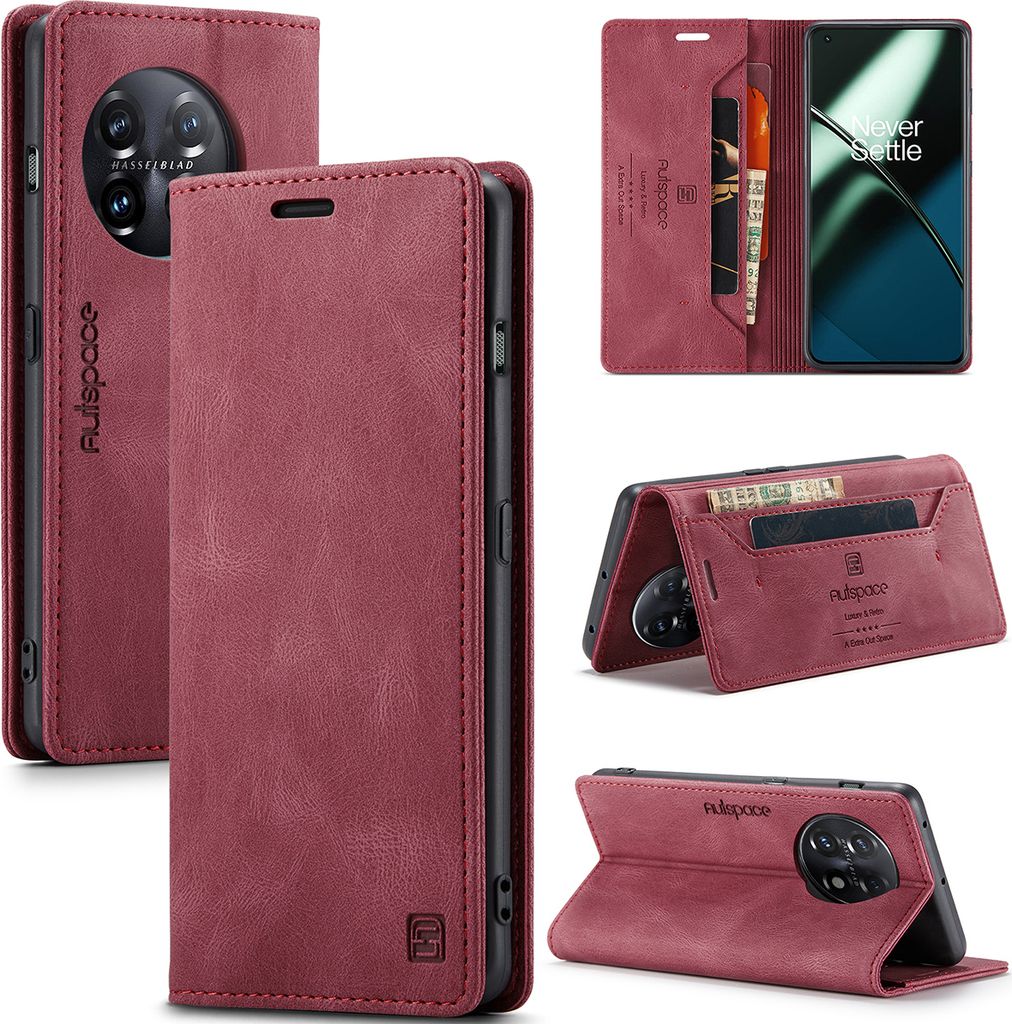 OnePlus 11 Hülle, Retro Kunstledertasche Stand Schutzhülle für OnePlus 11 Rot