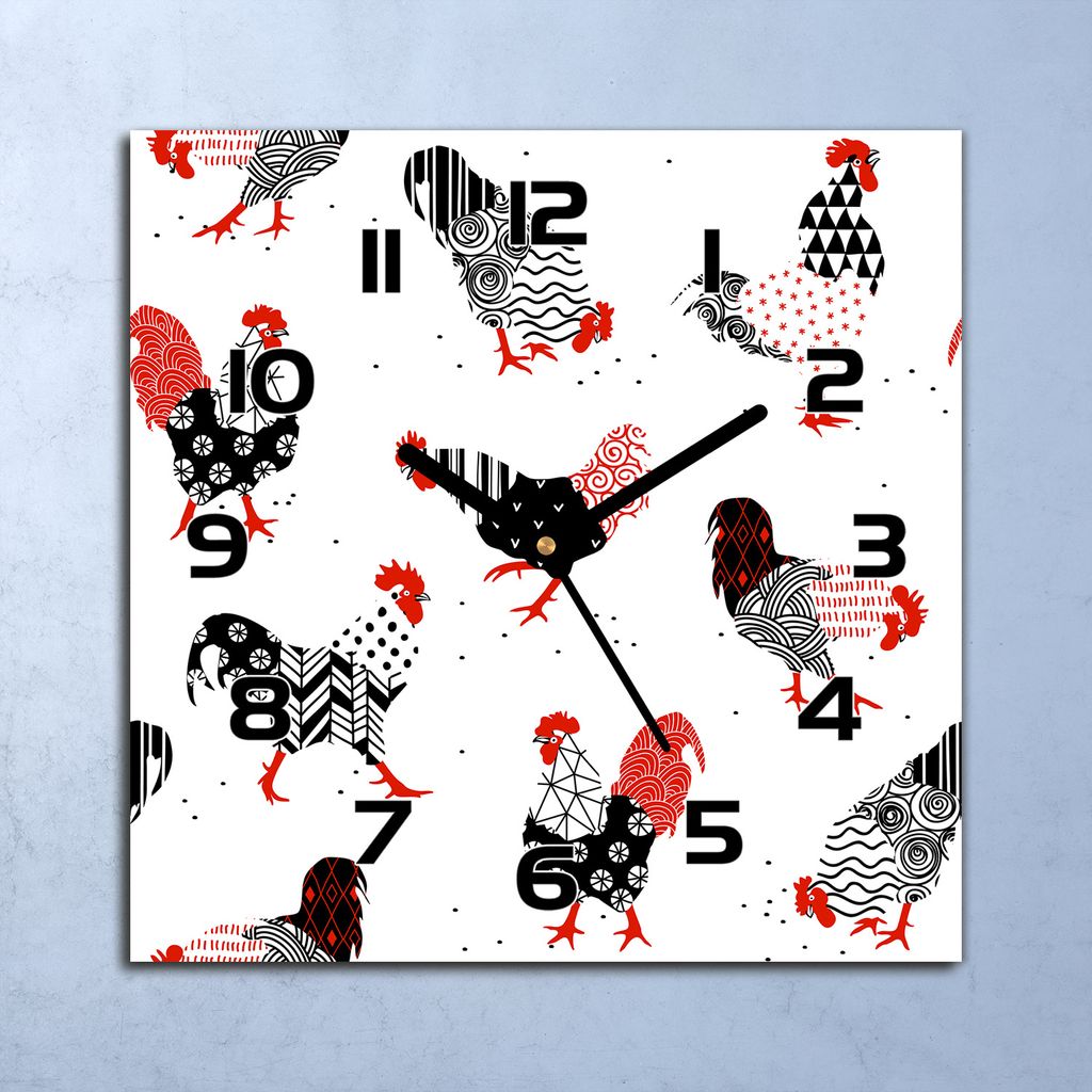 Wanduhr Echt-Glas-Küchenuhr Hähne schwarz & rot Quarz 30x30 Deko Bilder