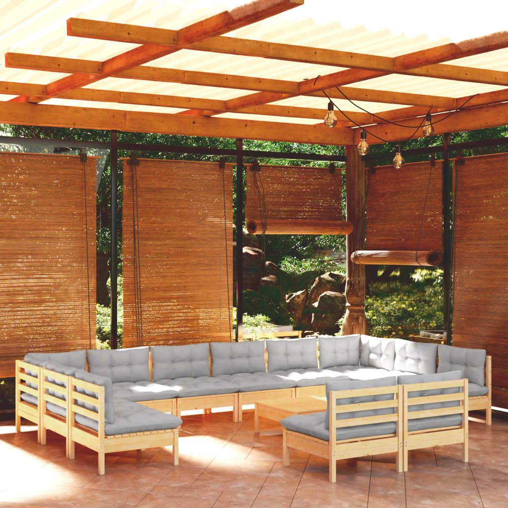 The Living Store 13-tlg. Garten-Lounge-Set mit Grauen Kissen Kiefer Massivholz