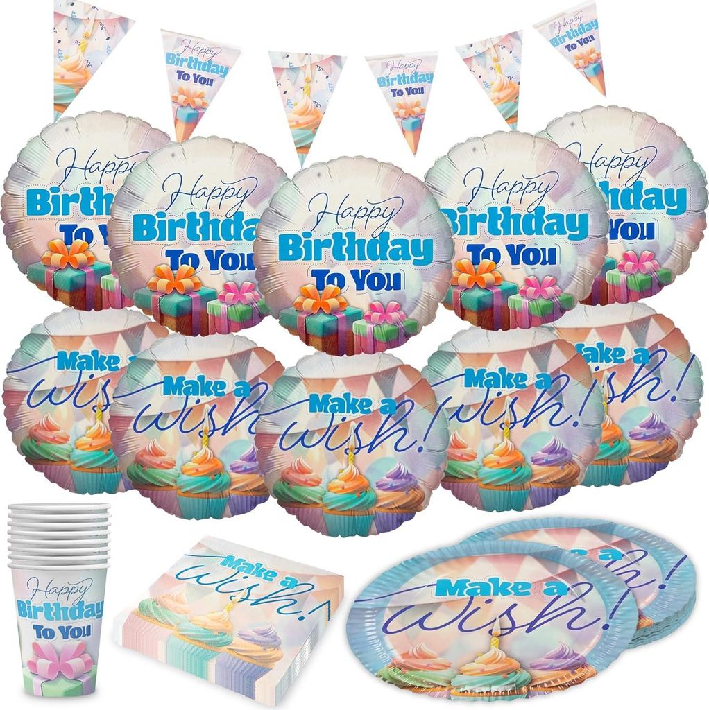 Happy Birthday Pastell – 5-teiliges Set mit Tellern, Bechern, Servietten & Deko
