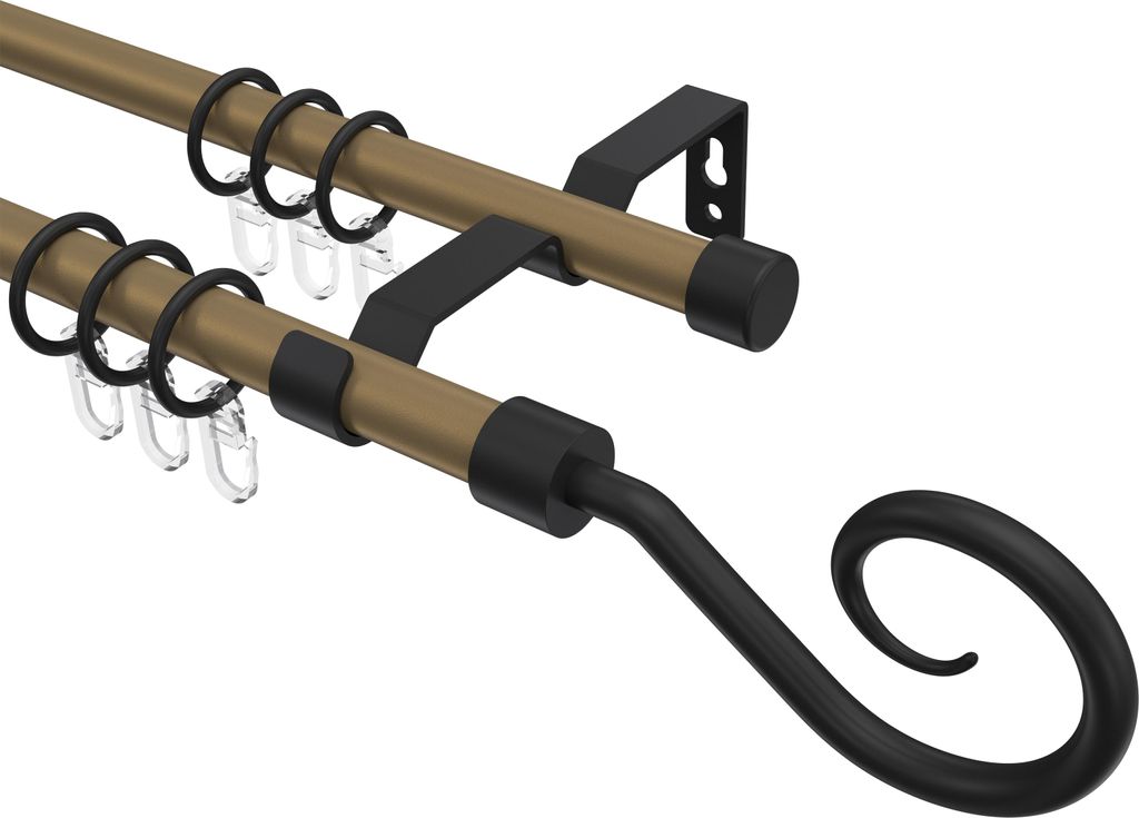 Interdeco Gardinenstange / Vorhangstange Gold matt / Schwarz, Typ Olymp Allegra (Spirale), 16 mm Ø 2-läufig, 200 cm