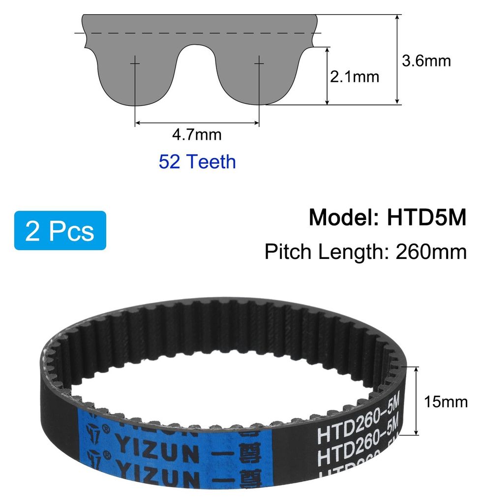 2 Stš¹ck HTD-5M Gummi Zahnriemen 52 Z?hne, 260mm Steigungsl?nge x 15mm Breite x 3,6mm H?he, Gummizahnriemen Keilriemen Antriebsriemen geschlossen...