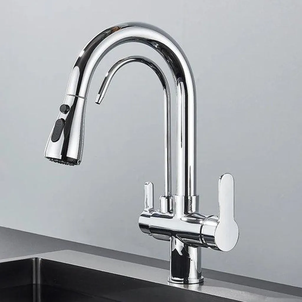 Robinet de cuisine chromé 3 voies eau filtrée chaude et froide extractible