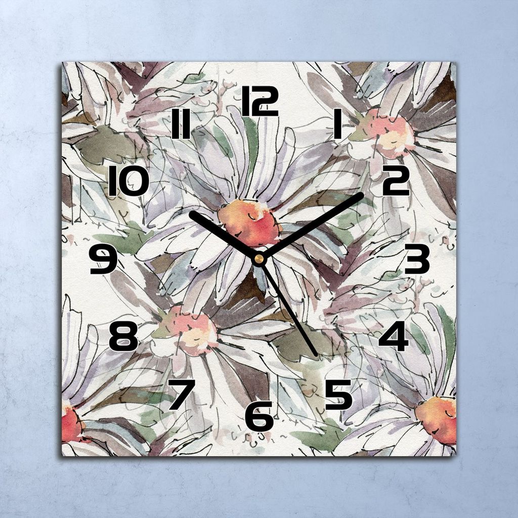 Wanduhr Echt-Glas-Küchenuhr Kamillenblüten Quarz Lautlos 30x30 Deko Bilder