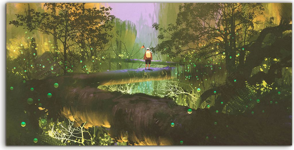 Coloray Spritzschutz aus Glas 120x60 Wandkunst Küchenrückwand Kunst Baumkronenweg Mann Fantasie Wald