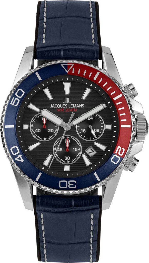 Jacques Lemans 1-2206D Herrenuhr Chronograph mit Lederband Blau