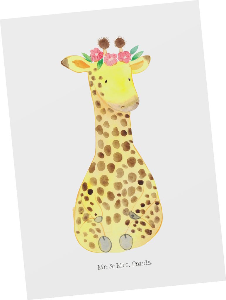 Mr. & Mrs. Panda Postkarte Giraffe Blumenkranz - Weiß - Geschenk, Grußkarte, Afrika, Selbstliebe, Postkarten, Fotokarte, Abenteurer, Ansichtskart...